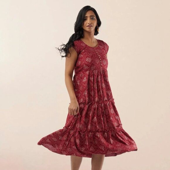 Red Printed Rayon Knee-Length Dress | Muvvas Boutique - Picture 1 of 3